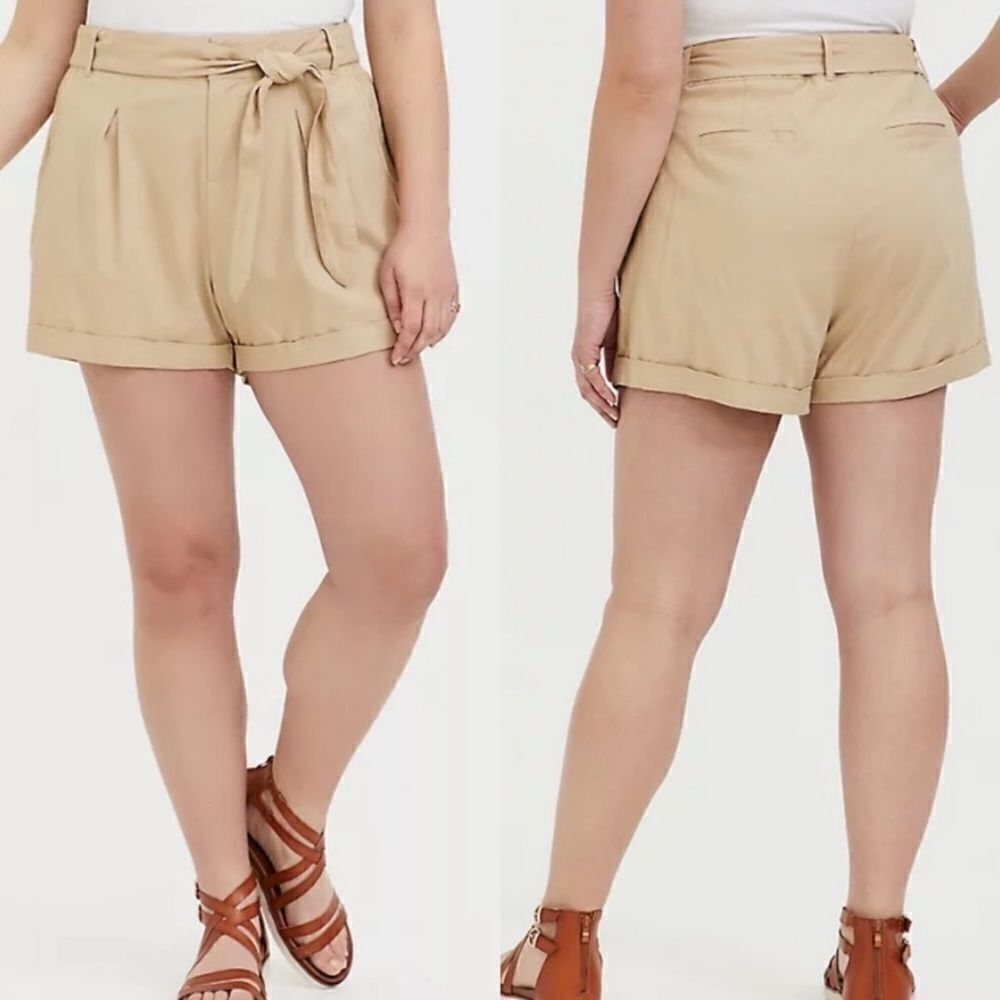 Torrid Beige Linen Blend Pleat Front Self Tie Belted Shorts